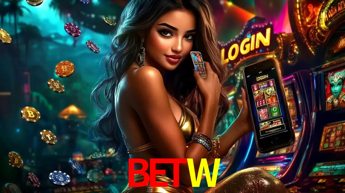 Mulher em um cenário de cassino temático de aventura, mostrando o app de caça-níqueis da BETW no celular. Fichas de apostas flutuam ao redor.