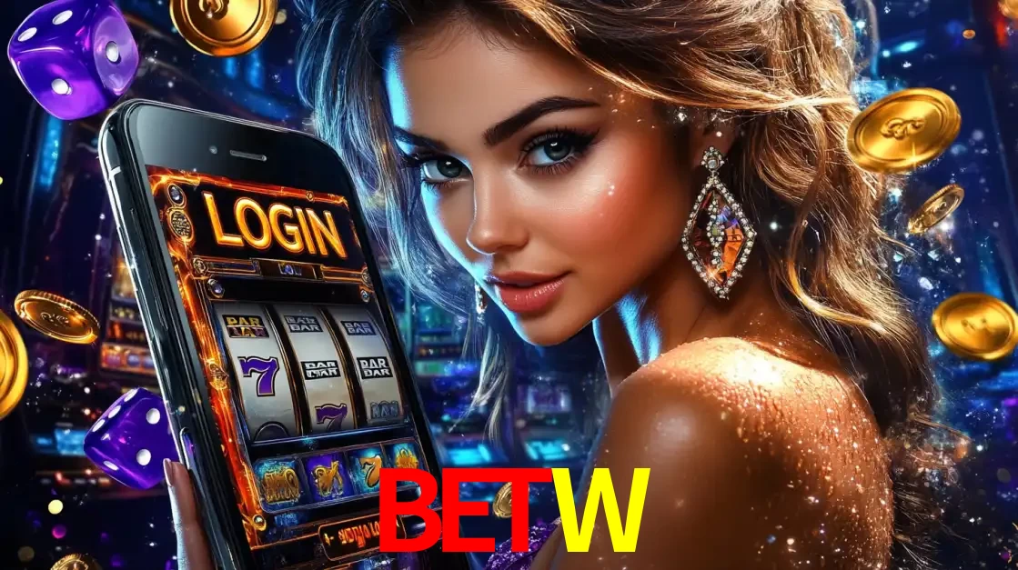 Mulher glamorosa segurando um smartphone com a tela de login para os jogos de caça-níqueis do cassino online BETW, com moedas de ouro e dados ao redor.