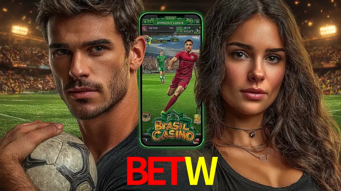 Homem segurando uma bola de futebol e uma mulher ao lado de um smartphone exibindo o jogo de apostas esportivas da BETW. Faça seu palpite no cassino online.